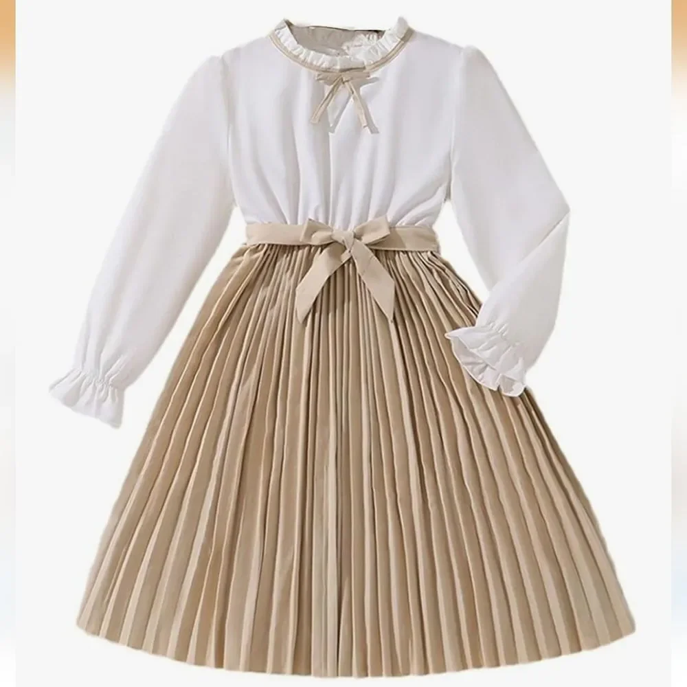 Girls' Cream & Tan Pleated Bow-Front Dress